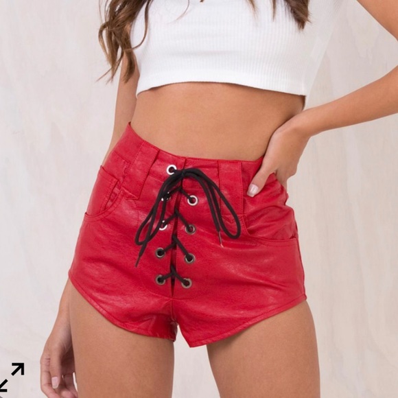 Lioness Pants - Lioness red faux leather lace up shorts